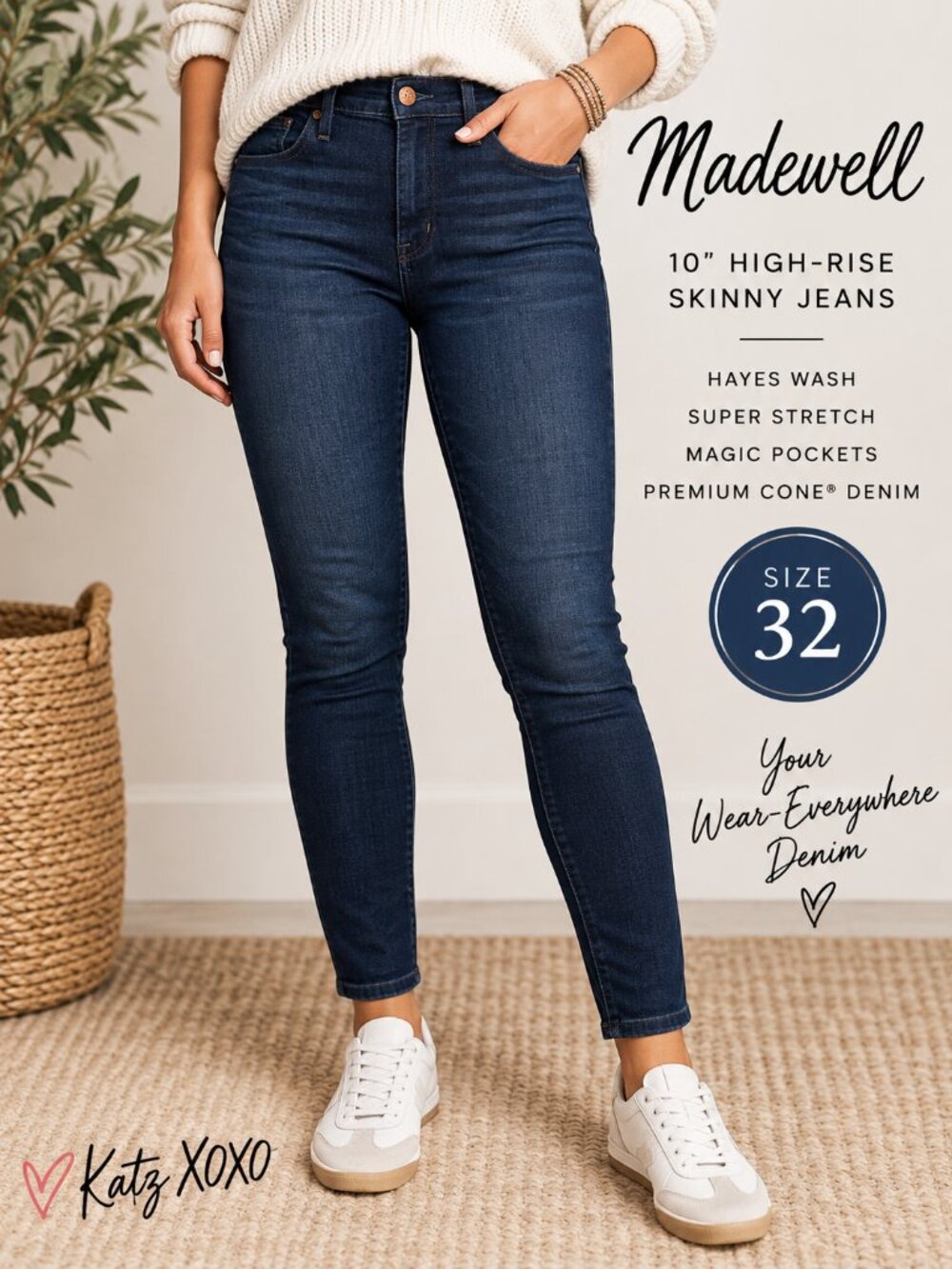 Madewell 10" High Rise Skinny Jeans 32 Hayes Wash Super Stretch Dark Denim